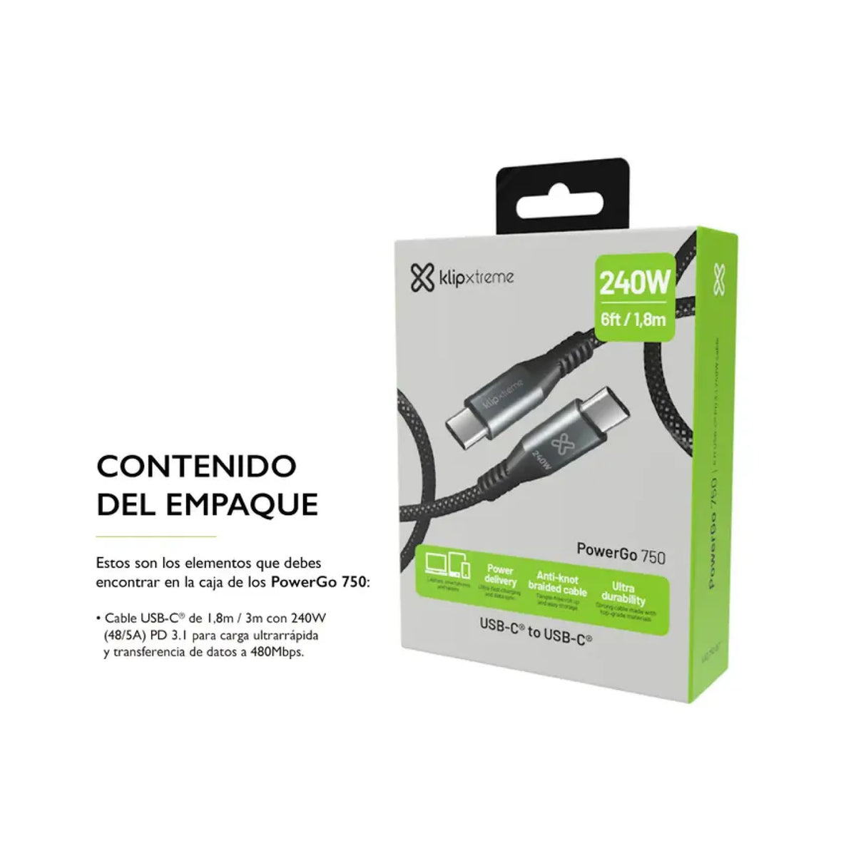 Cable Klip Xtreme Braided Tipo C A Tipo C 240w