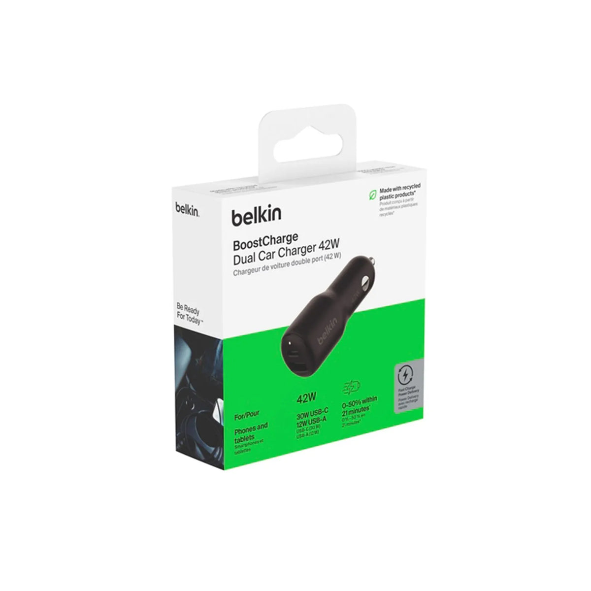 Cargador Belkin Dual Para Auto USB-A Y USB-C De 42 W Negro
